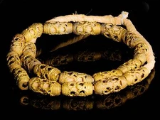 African Brass Filigree Cylindrical Eye Design Lost Wax Beads from Ghana M00328