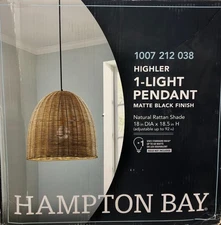 Hampton Bay Highler 1-Light 18 in. Matte Black Pendant Natural Rattan Shade