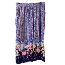 Sag Harbor Floral Geometric Print Midi Skirt Medium Blue Tan Boho Festival