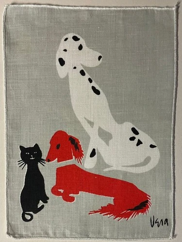 Dogs Dachshund Dalmatian Cat Vtg mid-century Vera Neumann Linen Cocktail Napkin