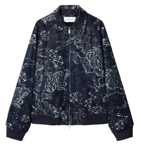 OFF WHITE Giacca bomber jacquard fantasia zip blu navy XL bianco sporco indossato una volta