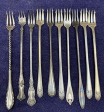 10 Pc Antique To Vintage Silverplated Long Olive Pickle Forks Nice Pattern Mix