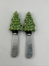 Pair Of Boston Warehouse Green Christmas Tree Cheese Butter Dip Knives Spreaders