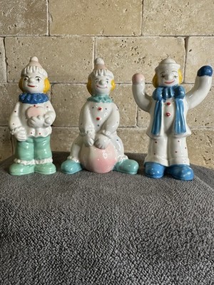 set of 3 vintage pastel porcelain circus clown figurines