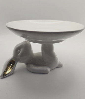 Bunny Rabbit White Ceramic Table Stand Decor Solid White Gold Ears 4''x5''