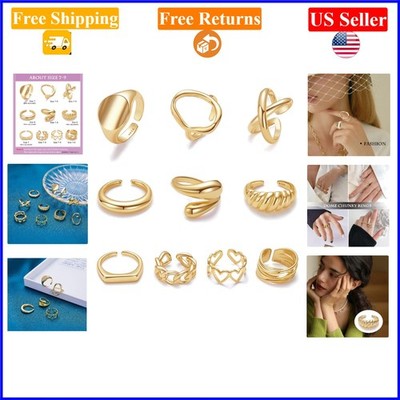 10Pcs Gold Dome Chunky Rings Set for Women, Adjustable, 18K Gold Plated