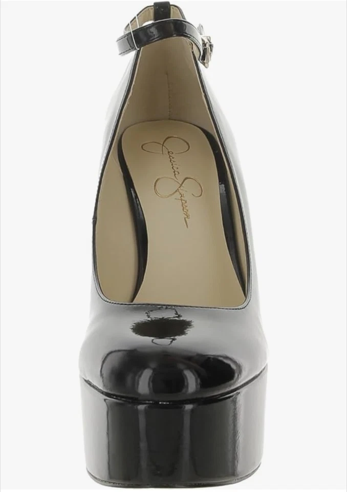 Jessica Simpson Macee Tacones Plataforma Negro Patente 8M Grueso Capricho Gótico Mary Jane Foto 3 de 4