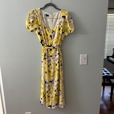 Talbots Pippy Poppies Yellow Midi Dress 14 Petite Button Front Belted