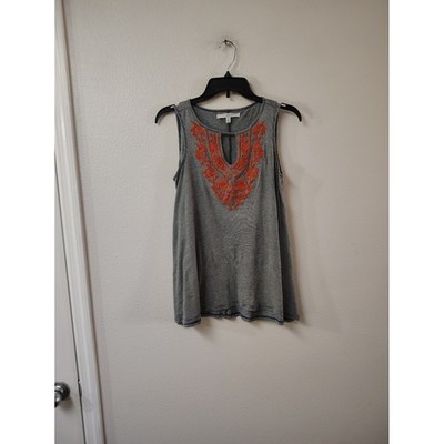 Fever Womens Small Tank Top Navy White Striped Orange Floral Embroidered Boho