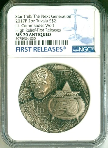 2017 S$2 Tuvalu Star Trek TNG Lt. Commander Worf HR 2 oz. FR NGC MS70 Antiqued
