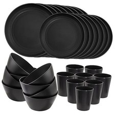 LIYH 48 Pcs Wheat Straw Plates and Bowls Dinnerware Set Camping Dish Set Black