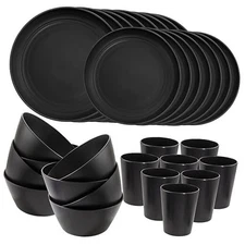 LIYH 48 Pcs Wheat Straw Plates and Bowls Dinnerware Set Camping Dish Set Black