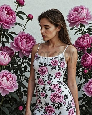 Young Woman Pink Peony Garden Floral Dress Fashion Art Print