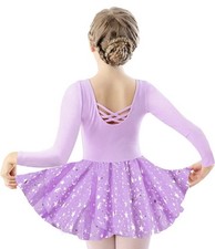 Lavender Purple Long Sleeve Girls Ballet Leotard Dance Tutu Outfit One Piece 4-5