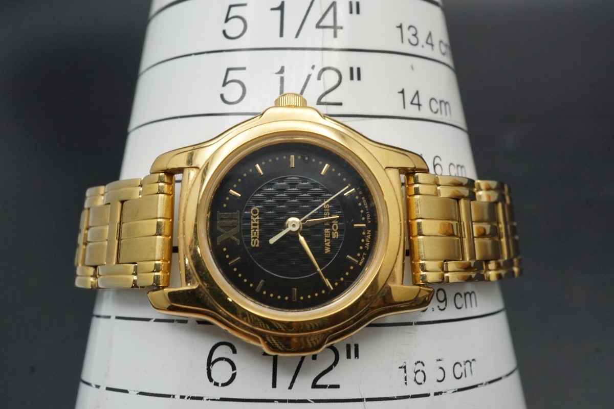 MINT Ladies Seiko V701-2J10 Gold Tone Black Dial Quartz Watch