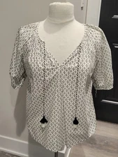 A New Day Boho White Black Geometric Print Peasant Top Tassels Cotton Small