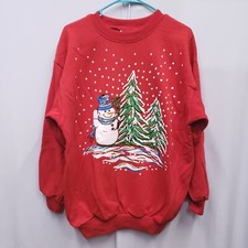 Vtg Roamans Women's Sz M Grandma Red Sweatshirt Snowman In the Pines Made In USA