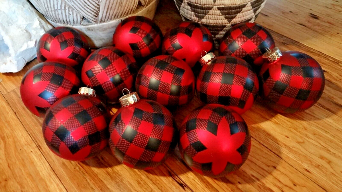 Red And Black Buffalo Plaid Glass Christmas Tree Ball Ornaments Set Of 12
