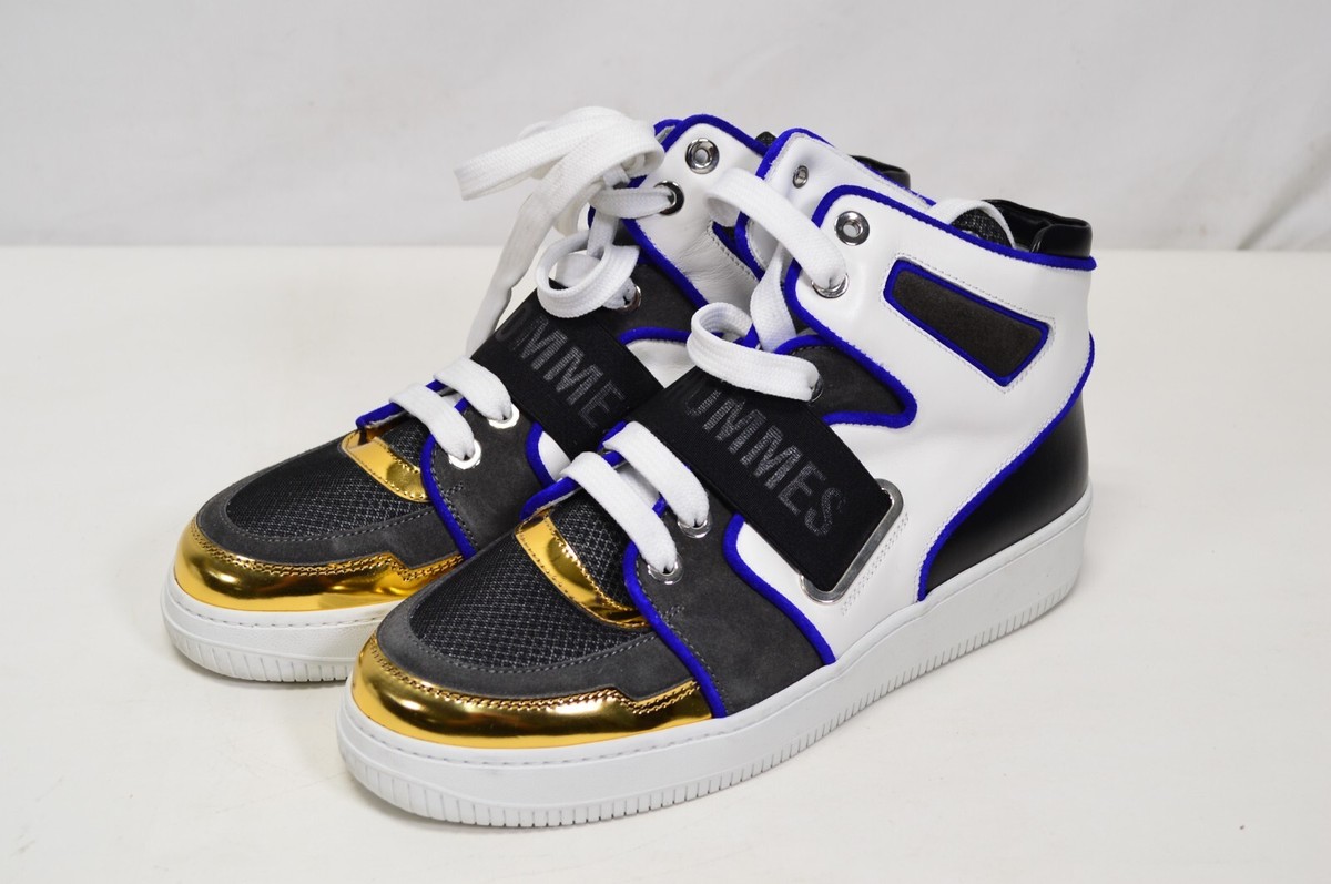 Les Hommes Mixed Media Hi Top Sneakers White Blue Gold Mens 
