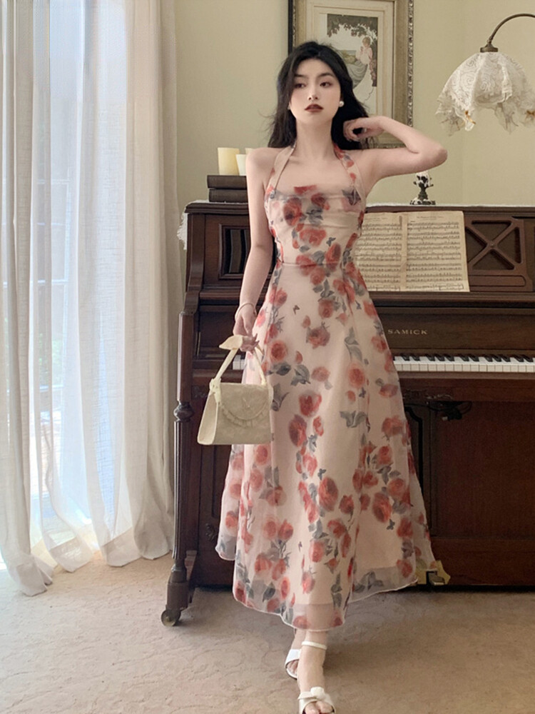 Floral Chiffon Fairy Dress Print Dress Backless Sexy Elegant