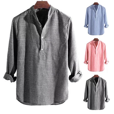 Herren Stehkragen Hemden Langarmshirt mit Knopfleiste Freizeithemd Basic Shirt - Bild 1 von 4