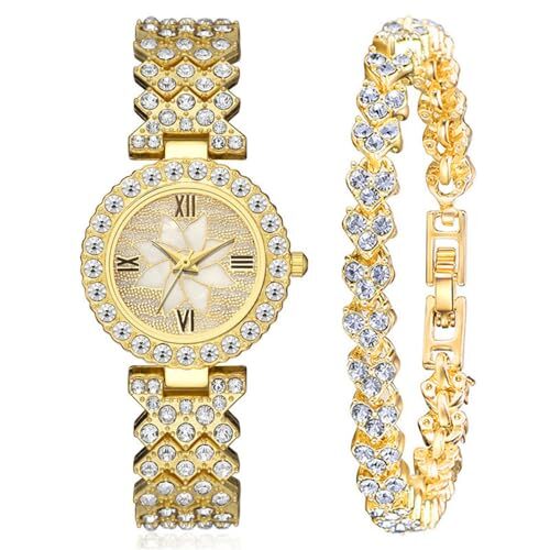 Women Luxury Watches Steel Band with Diamonds Bracelets Watches Set Gold - Picture 1 of 5