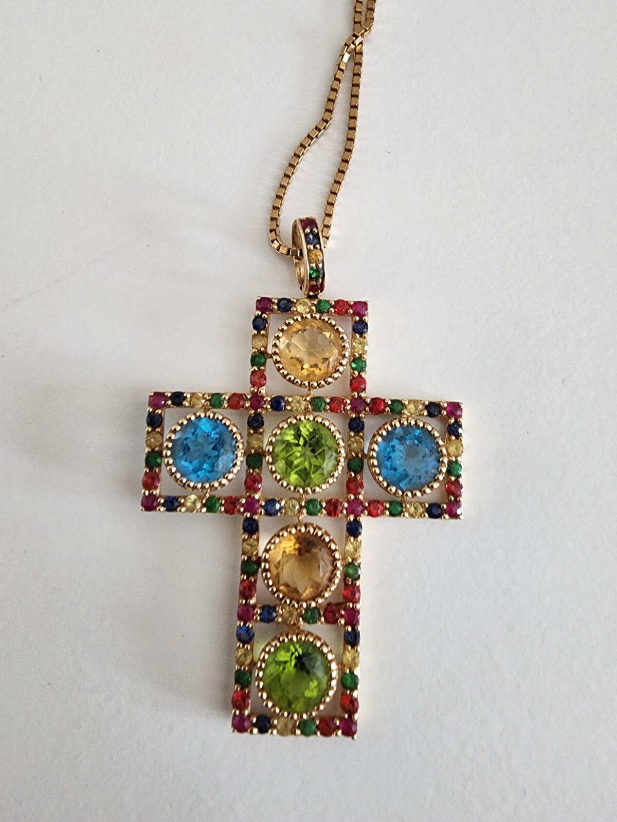 14K Solid Gold Multi-Colored Gemstone Cross Penda… - image 1