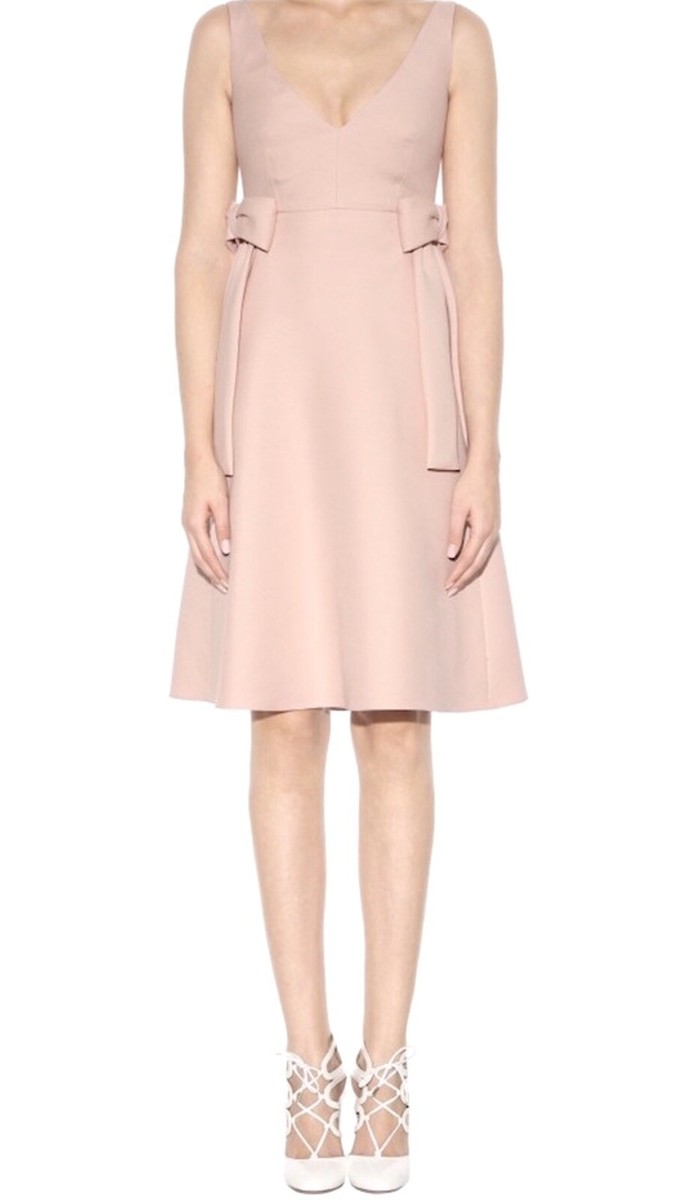 VALENTINO Blush Pink Wool Silk Blend Bow A-Line V-Neck Dress
