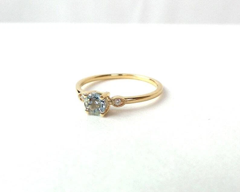 14k Gelbgold Natürlich Aquamarin Und Diamanten Minimalist Damen Zierliche Ring - Bild 2 von 4