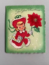Vintage Flocked Christmas Card Pretty Girl w/ Poinsettia Flower Made in USA