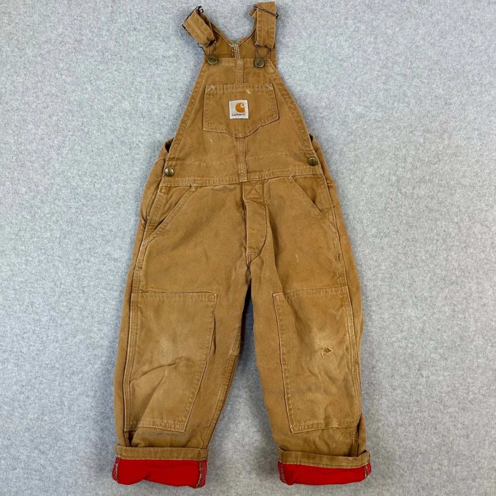 Carhartt Kids Vtg Duck Brown Flannel Lined Double Knee Overalls Bibs Tan USA