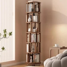 Solid Wood Rotating Bookshelf on Wheels, 6 Tier, Round Revolving Bookcase, 36...