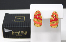 Vintage AVON 1992 Red & Coral Tone Enamel Half Hoop Clip On Earrings w/ Box