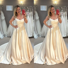 Simple Wedding Dresses Spaghetti Straps Satin A Line Sweep Train Bridal Gowns