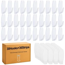 30 Large Hooks+36 Strips, Clear Utility Hooks with Removable Strips Damage-Fr...