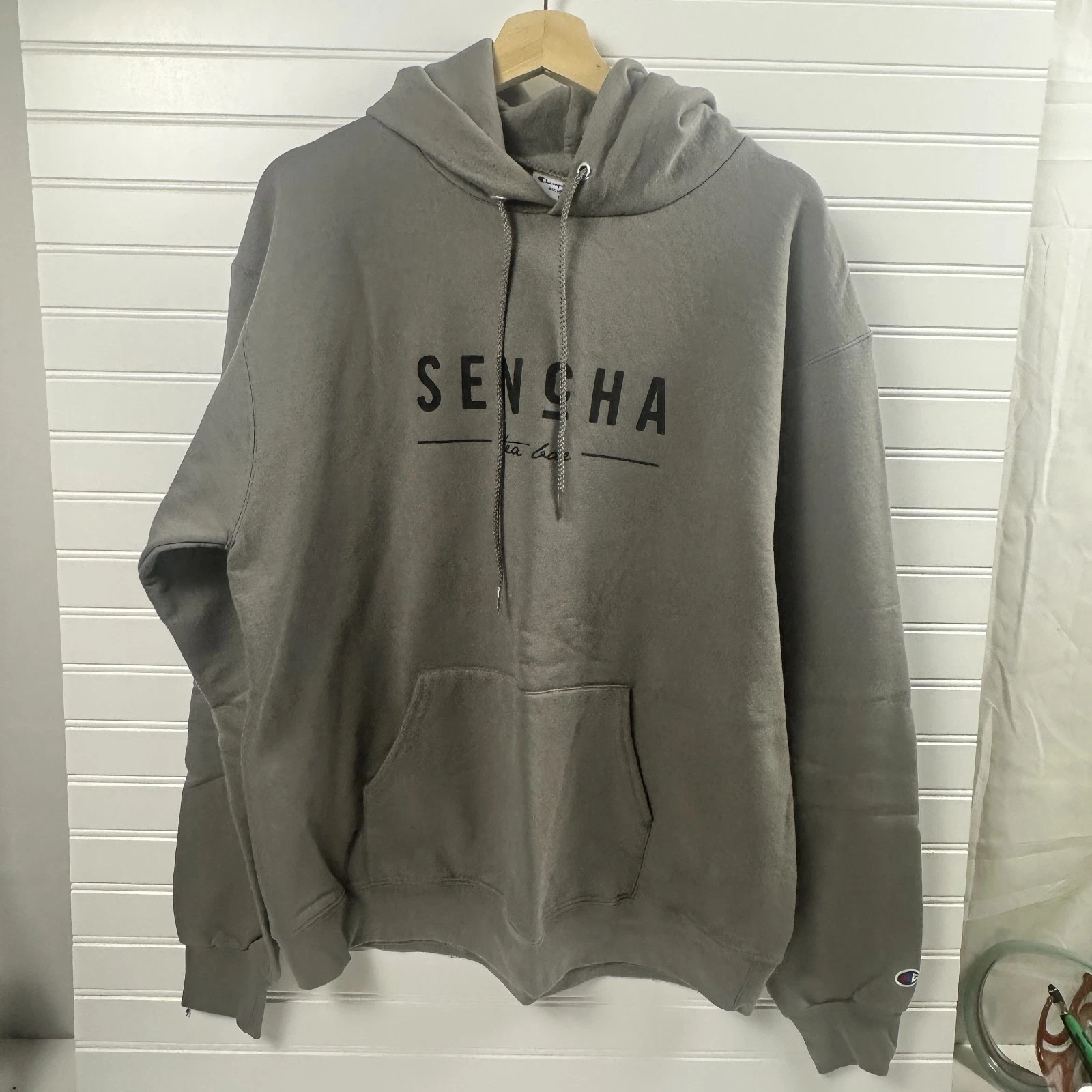 Champion Authentic Hoodie Mens Large Gray Cotton Sencha Graphic Fleece Lined