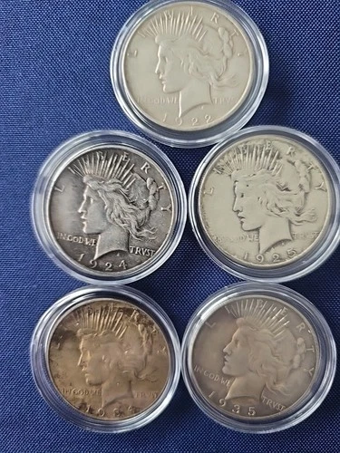 5 Coins Peace Silver Dollars VG+