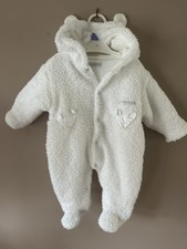 Mamas And Papas Baby Snowsuit Pramsuit White Fluffy Unisex 0-3 Months