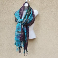 PASHMINA Scarf Blue Purple Cashmere Floral Wrap Fringe Shawl 27 x 70