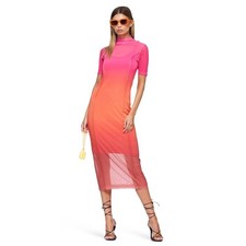 NEW Saemdi Short Sleeve Mesh Midi Dress Pink Orange Ombre Mock Neck Size Medium