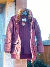 Khujo Vintage Jacket Size M (petite) Bordeaux Red With Faux Fur Collar