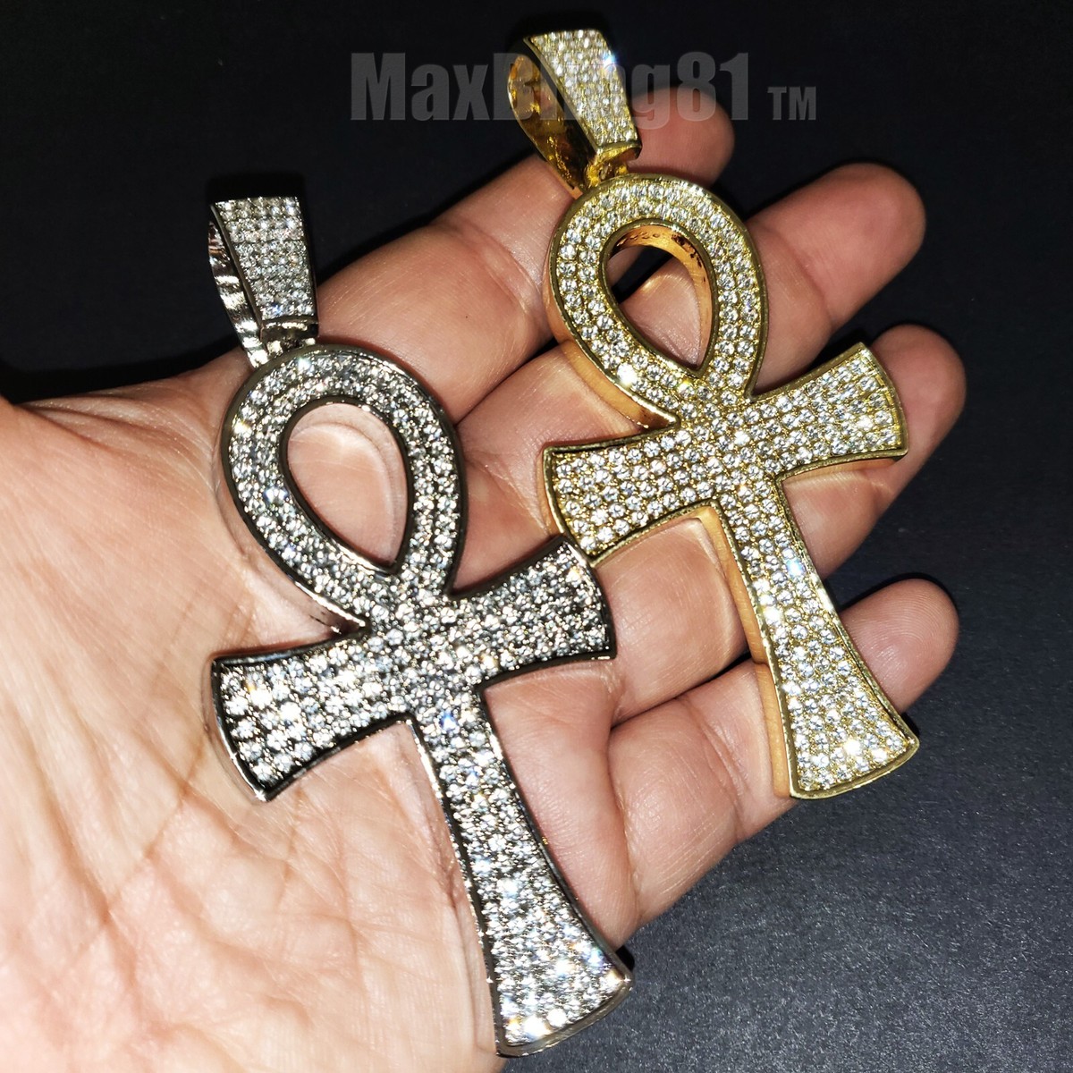 Large Ankh Cross Hip Hop Iced Egyptian Gold plated Cubic Zirconia