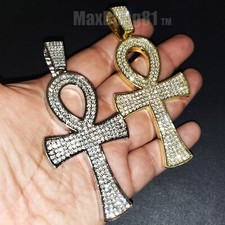 Large Ankh Cross Hip Hop Iced Egyptian Gold plated Cubic Zirconia Charm Pendant