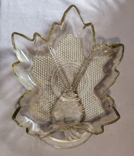 Vtg Indiana Glass Clear Bubble Grape Leaf Shape 3-Part Relish Dish Tray In EUC