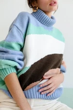 House of Sunny Landscape Jumper Turtleneck Sweater Womens US 8 Blue