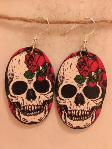 Skull Rose Double Sided Faux Leather Earrings - Picture 1 of 1