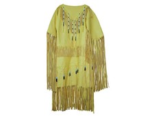 Handcrafted Poncho Native American Inspired Yellow Leather Fringe Dress