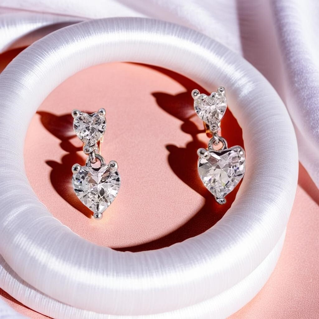 Silver Double Heart Rhinestone Dangle Stud Earrings Love Gift