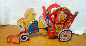 1952 VINTAGE DOLLY EASTER BUNNY TOY PULL CART WHITMAN CHOCOLATES CANDY HOLDER