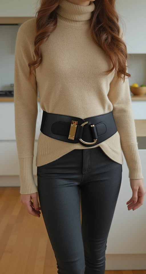 Mujeres Negro Elastizado Cintura Ancha Cintura de Cadera Dorado Metal Gancho Hebilla Talla L XL Foto 2 de 4